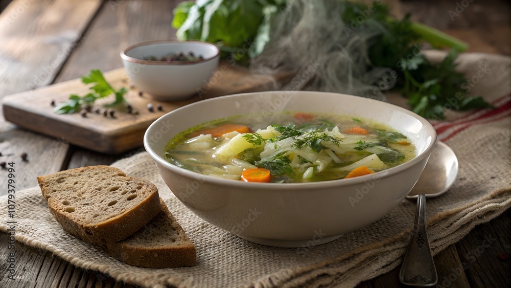 Bowl of shchi soup with dill and vegetables Bowl of shchi soup with dill and vegetables
