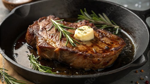 Thick grilled steak with rosemary in skillet