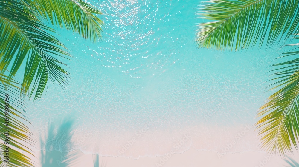 Fototapeta premium Tropical Beach Paradise with Crystal Clear Water and Palm Leaves Overhead