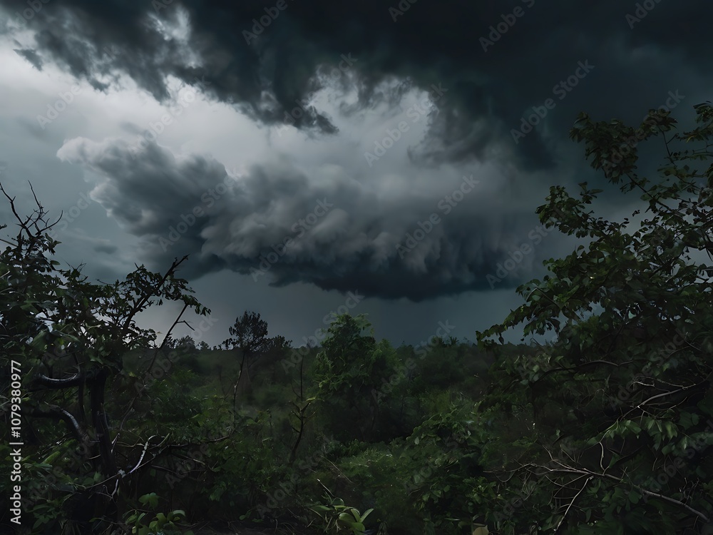 Fototapeta premium Dark, ominous storm clouds over a dense forest