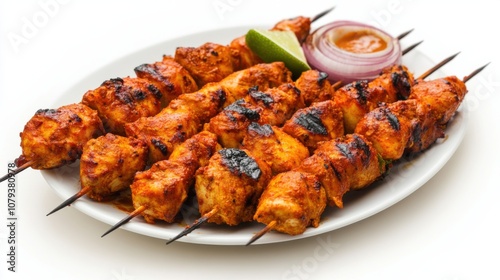 A plate of tender chicken tikka skewers with yogurt marinade and spices, Each skewer grilled to perfection and bursting with bold flavors