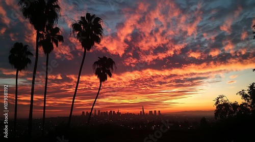 Stunning sunset over downtown Los Angeles, with palm trees framing the picturesque skyline.