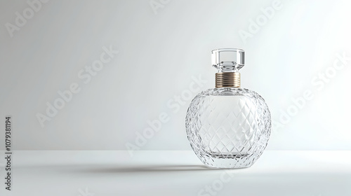 Clear glass perfume bottle, minimalistic luxury fragrance concept against a white background. illustration