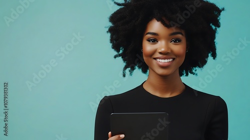 Portrait a cheerful businesswoman holding a touchpad, looking confidently at the camera.