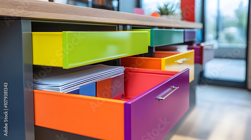 Colorful open drawers for storing files and archives in an office setting