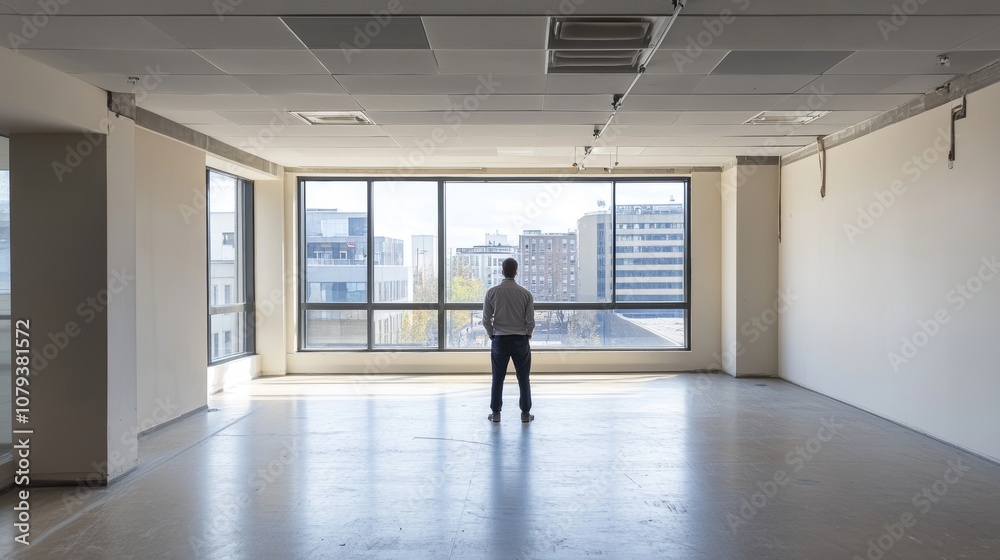 Empty office room with an architect or owner standing inside. Empty office room with an architect or owner standing inside.