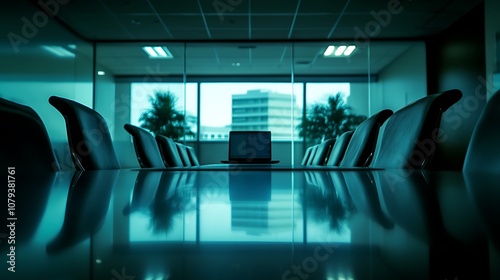 Open laptop on a table in a meeting room, ready for discussions and presentations.