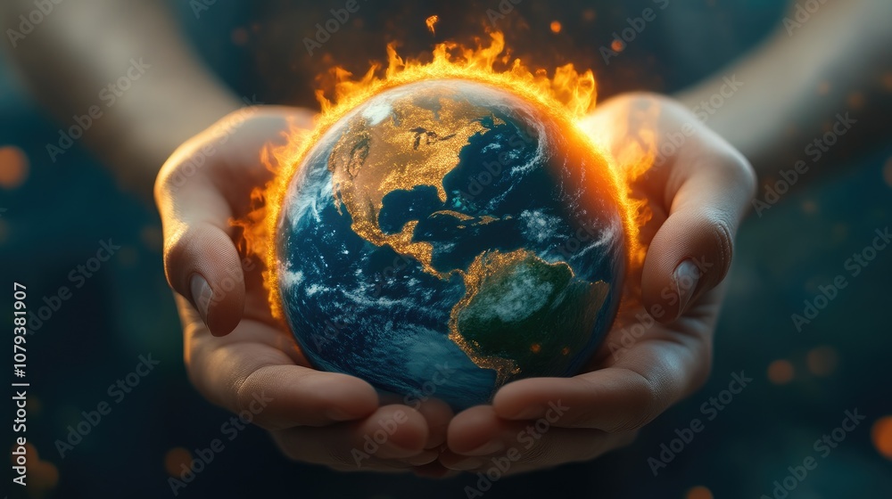 Earth Burning in Hands, Depicting Climate Crisis Earth Burning in Hands, Depicting Climate Crisis