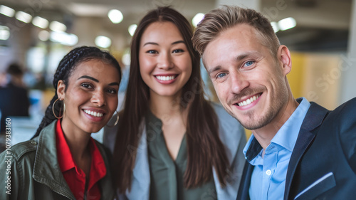 Three young professionals smiling together in a modern office setting, showcasing a diverse team dynamic.