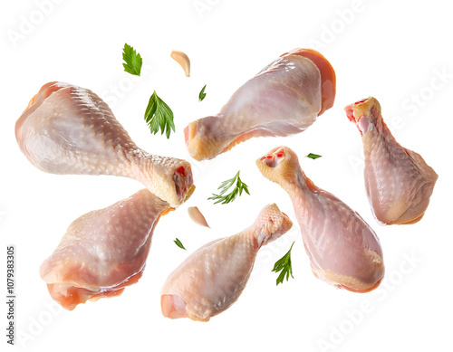 Flying raw chicken drumsticks cut out on isolated photo