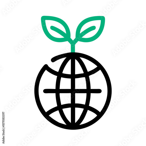 A vector icon representing world ecology with a globe and a green plant symbolizing environmental sustainability and growth