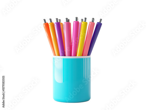 transparent background Colorful plastic pens in a bright blue holder. Creativity and organization themes.