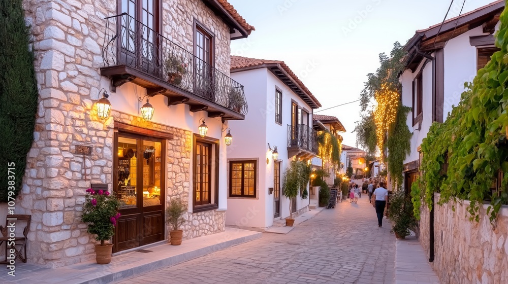 Charming Evening in Quaint Mediterranean Village with Stone Houses and Cobblestone Street Charming Evening in Quaint Mediterranean Village with Stone Houses and Cobblestone Street