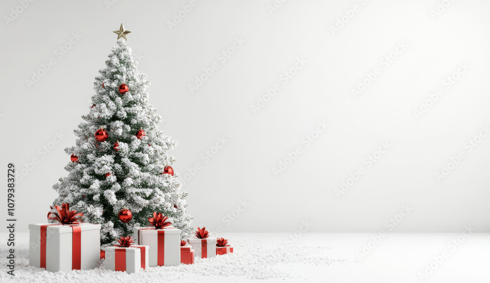 Christmas Tree with Snow and Gift Boxes on White Background.