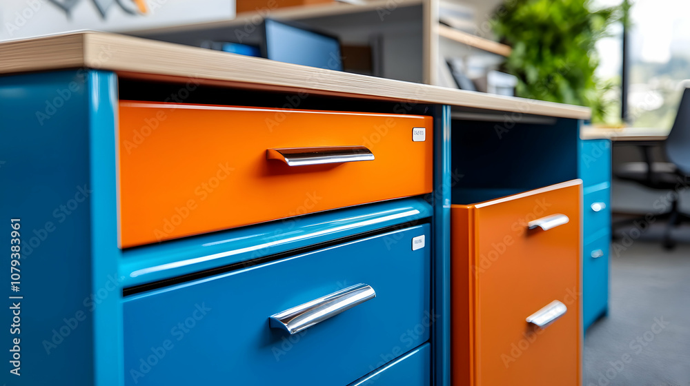 Filing cabinet with vibrant blue and orange drawers in an office environment