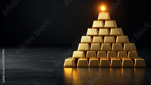 Pyramid of gold bars with a glowing top on a dark background with empty space. Visualization of record production or sales and high performance
