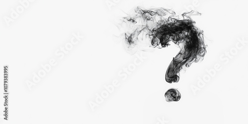 Mysterious question mark shaped from dark smoke on a white background. Visual metaphor for unanswered questions, curiosity, uncertainty and the search for answers