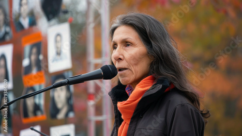 A passionate speaker stands at a microphone, delivering a powerful message at a community rally held outdoors