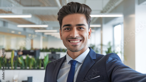 Wallpaper Mural A smiling South Asian man in a suit takes a selfie in a modern office setting, exuding confidence and professionalism. Torontodigital.ca