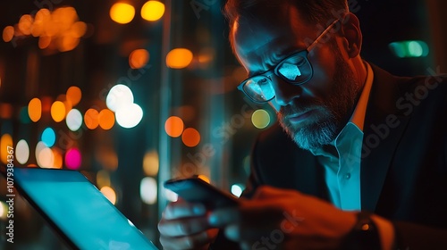 Businessman searching for information online, using smartphone and laptop for networking.