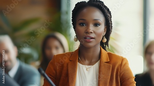 Millennial black businesswoman addressing her colleagues at a corporate meeting, capturing leadership in action.