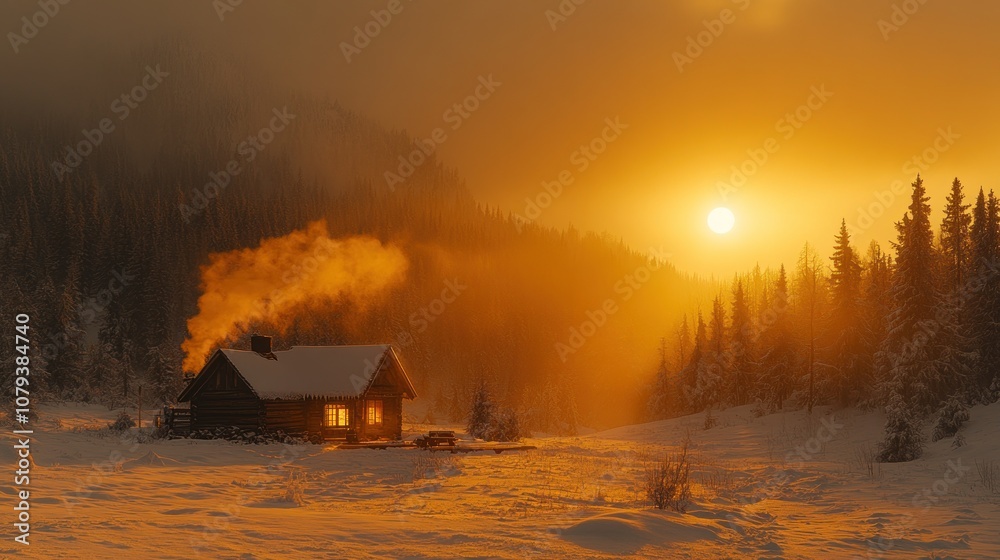 A cozy cabin with smoke rising from its chimney at sunset in a snowy forest. A cozy cabin with smoke rising from its chimney at sunset in a snowy forest.