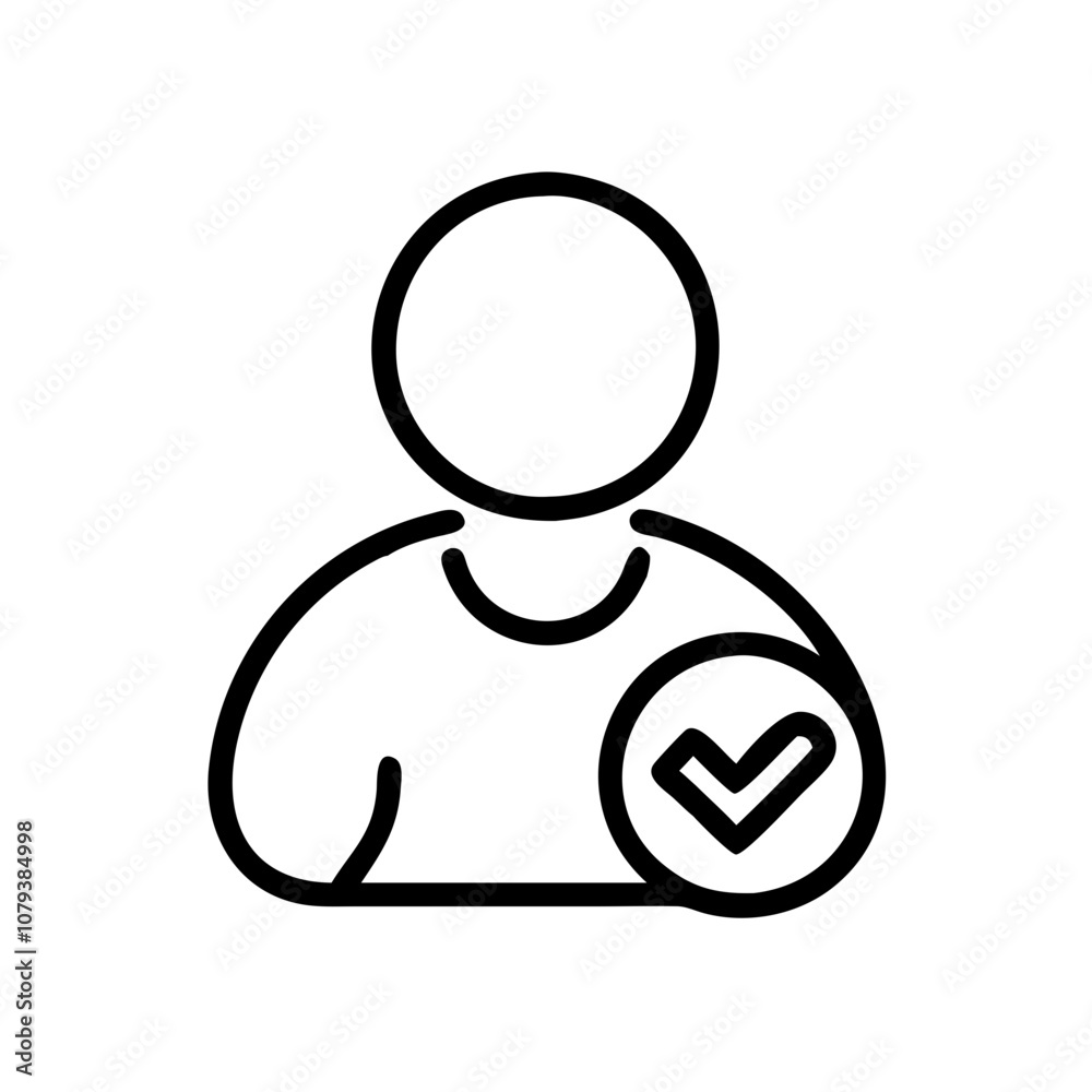 User profile icon with a simplified figure and a check mark, representing verified accounts for online platforms and social media User profile icon with a simplified figure and a check mark, representing verified accounts for online platforms and social media