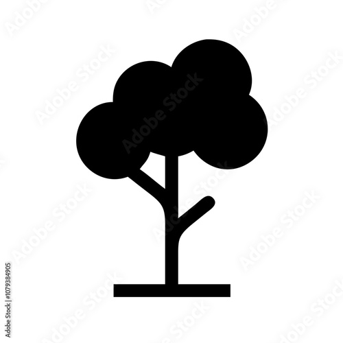 A simple black vector icon of a tree featuring a thick trunk, two branches, and a rounded, leafy canopy, emphasizing nature and environmental themes suitable for various design applications