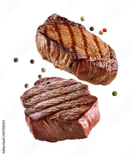 Delicious beef steaks with spices flying on a air 
