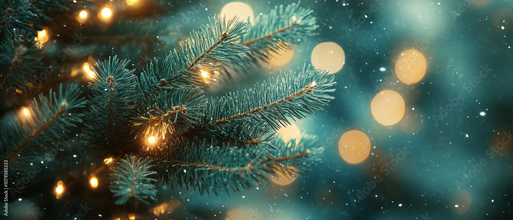 Blurred Green Christmas Tree Branches with Golden Lights. Blurred Green Christmas Tree Branches with Golden Lights.