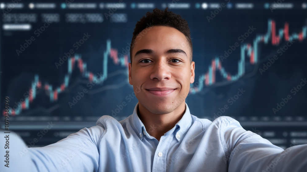 A young Black male in a light blue shirt smiles for a selfie in front of a digital stock market graph, showcasing confidence and success in finance. A young Black male in a light blue shirt smiles for a selfie in front of a digital stock market graph, showcasing confidence and success in finance.