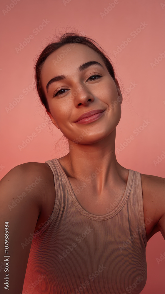 A young woman of Caucasian descent smiles brightly against a soft pink background, exuding a warm and inviting atmosphere. A young woman of Caucasian descent smiles brightly against a soft pink background, exuding a warm and inviting atmosphere.
