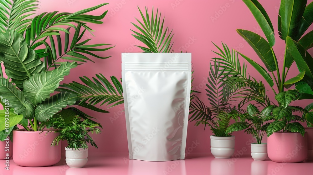 White blank pouch bag mockup in front of potted tropical plants on pink background. White blank pouch bag mockup in front of potted tropical plants on pink background.
