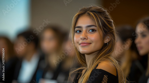 Wallpaper Mural A young woman with long hair and a warm smile sits in an auditorium, engaged during a conference amidst a crowd of attendees Torontodigital.ca