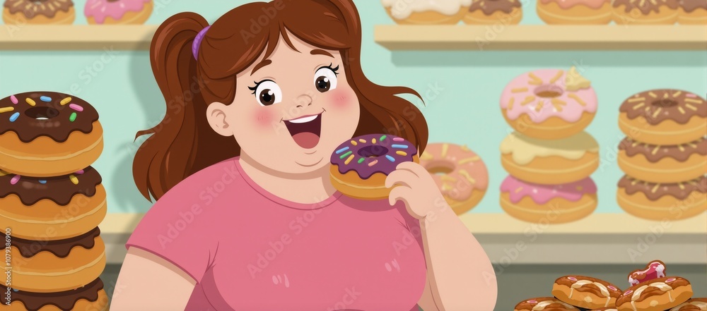 An obese cartoon child indulges in unhealthy sweets like donuts increasing risk for diabetes An obese cartoon child indulges in unhealthy sweets like donuts increasing risk for diabetes