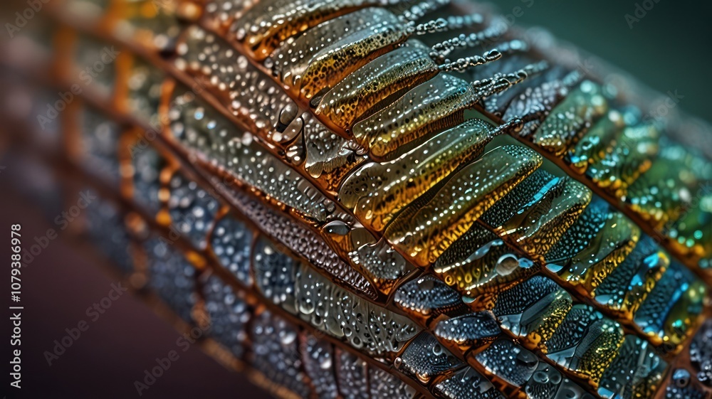 Close-up of a textured surface with water droplets, reflecting iridescent colors. Close-up of a textured surface with water droplets, reflecting iridescent colors.