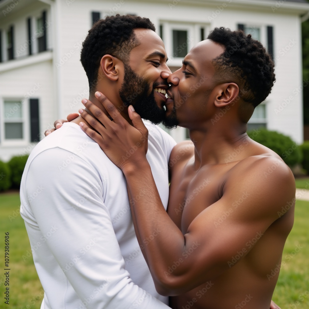 Fototapeta premium Two Afro-American men share an intimate moment with a loving kiss on the porch steps