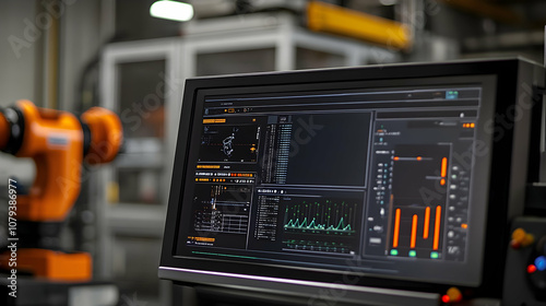 Industrial automation in a factory setting with robot arms and monitoring screens. illustration