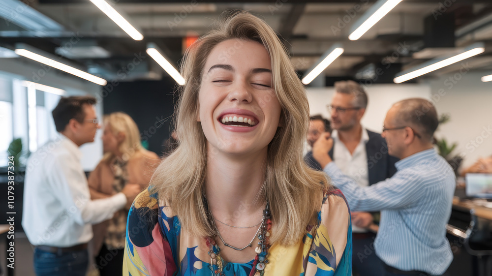 A joyful Caucasian woman with long blonde hair smiles brightly in a lively office setting, surrounded by engaged colleagues, creating a vibrant atmosphere. A joyful Caucasian woman with long blonde hair smiles brightly in a lively office setting, surrounded by engaged colleagues, creating a vibrant atmosphere.