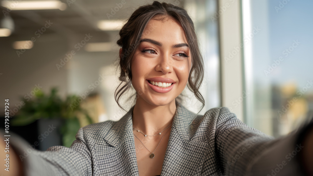 A young Hispanic woman with long brunette hair smiles while taking a selfie in a modern office setting, showcasing a confident and cheerful demeanor. A young Hispanic woman with long brunette hair smiles while taking a selfie in a modern office setting, showcasing a confident and cheerful demeanor.