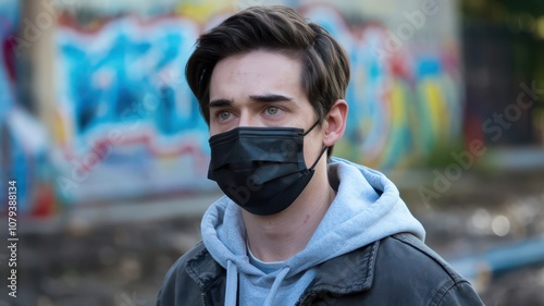 A young handsome guy with a mask on his face. Shooting on the street. Dark hair