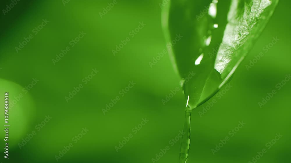 Slow motion macro shot of water droplet falling from fresh green leaf. Alternative herb skin care medicine concept. Herbal essence dropping from leaf. Organic serum drop or green tea tree oil extract Slow motion macro shot of water droplet falling from fresh green leaf. Alternative herb skin care medicine concept. Herbal essence dropping from leaf. Organic serum drop or green tea tree oil extract