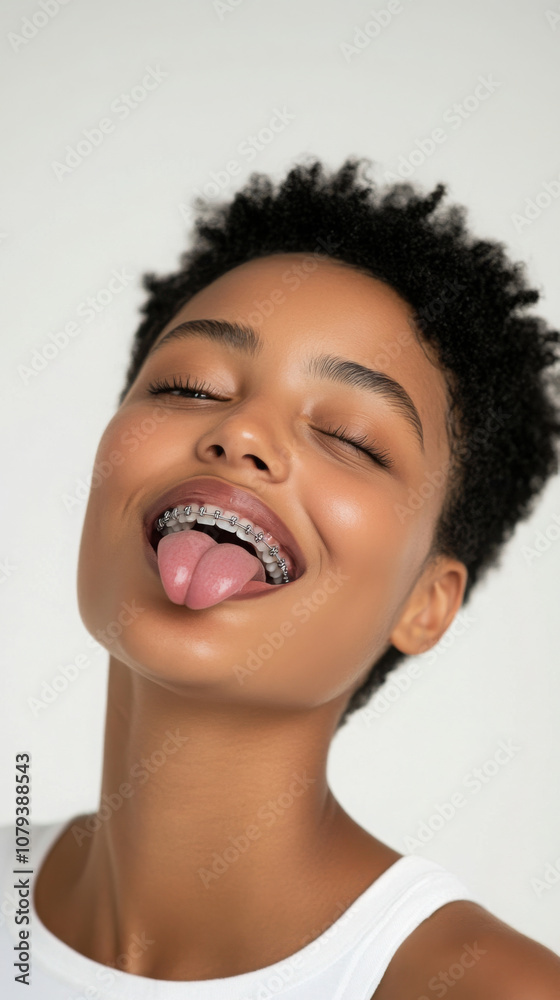 Playful expression of joyful young model in studio close-up