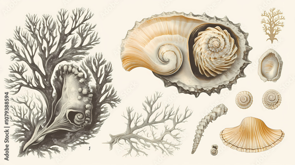 Obraz premium Sea shell, antique botanical drawing style, beige, high detail, realistic. Botanical. Illustration