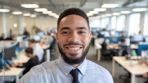 Cheerful young African American man smiling in a modern office setting, dressed in a light blue shirt and tie, showcasing a friendly approach.