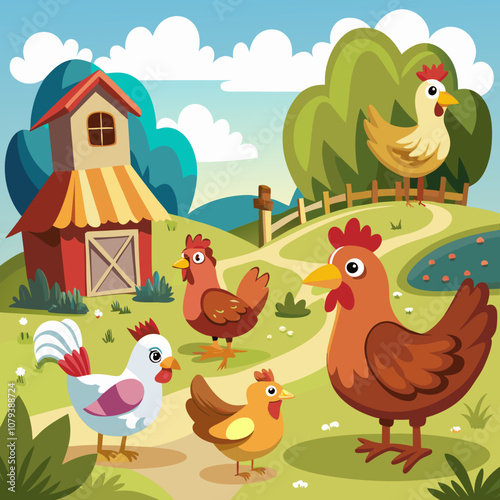 Cartoon illustration of a farm with chickens, hens and a rooster