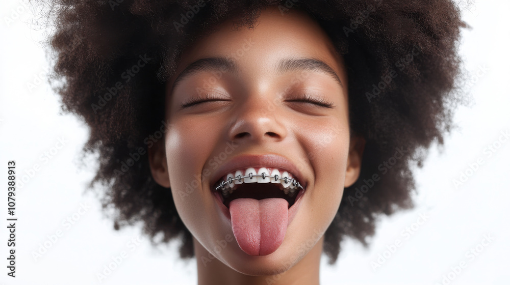 Playful expression of a model with braces in a professional studio setting Playful expression of a model with braces in a professional studio setting