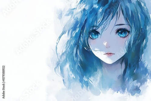 Anime girl portrait with blue hair and eyes, watercolor style