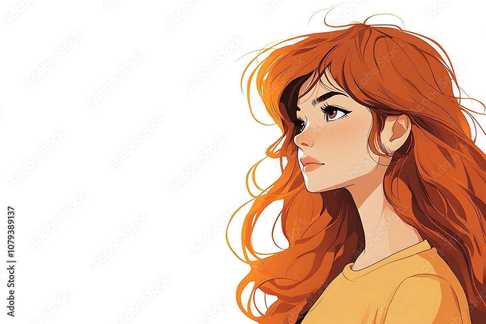 Profile portrait of a young woman with long red hair, looking to the side, isolated on white background Profile portrait of a young woman with long red hair, looking to the side, isolated on white background