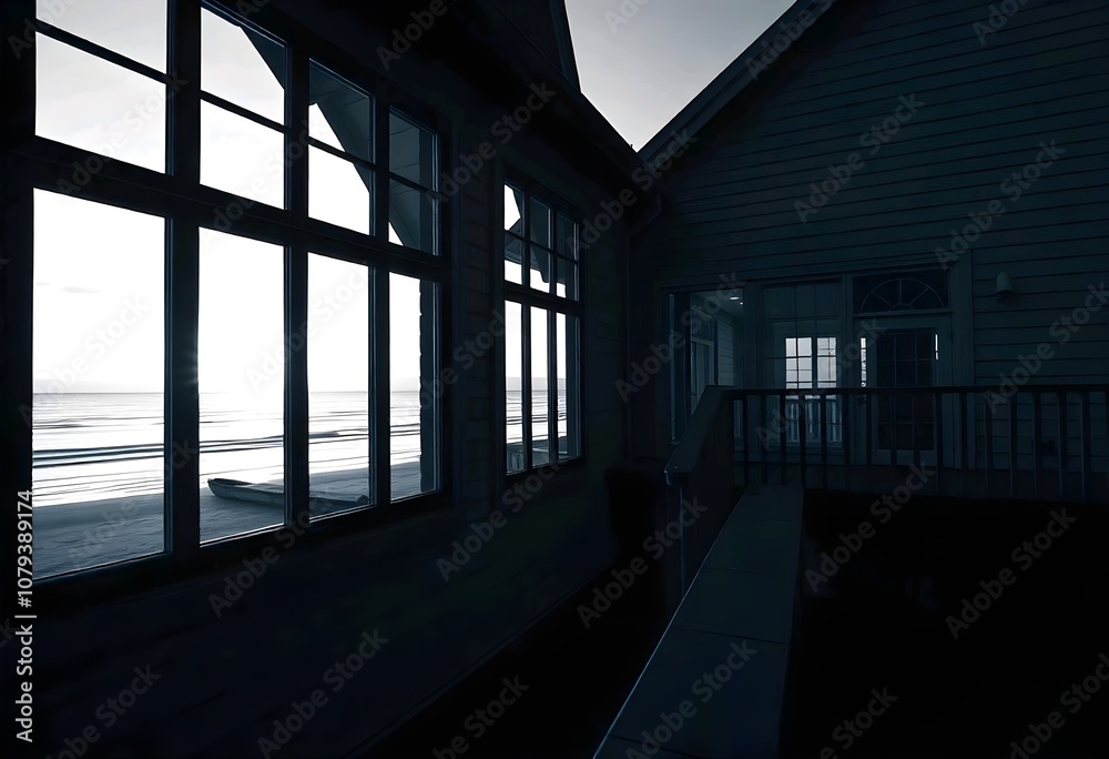 A building with large windows that overlook a tranquil beach view at sunset. and boasts a balcony with a wooden deck, and the cool blue tones provide a tranquil and peaceful setting.